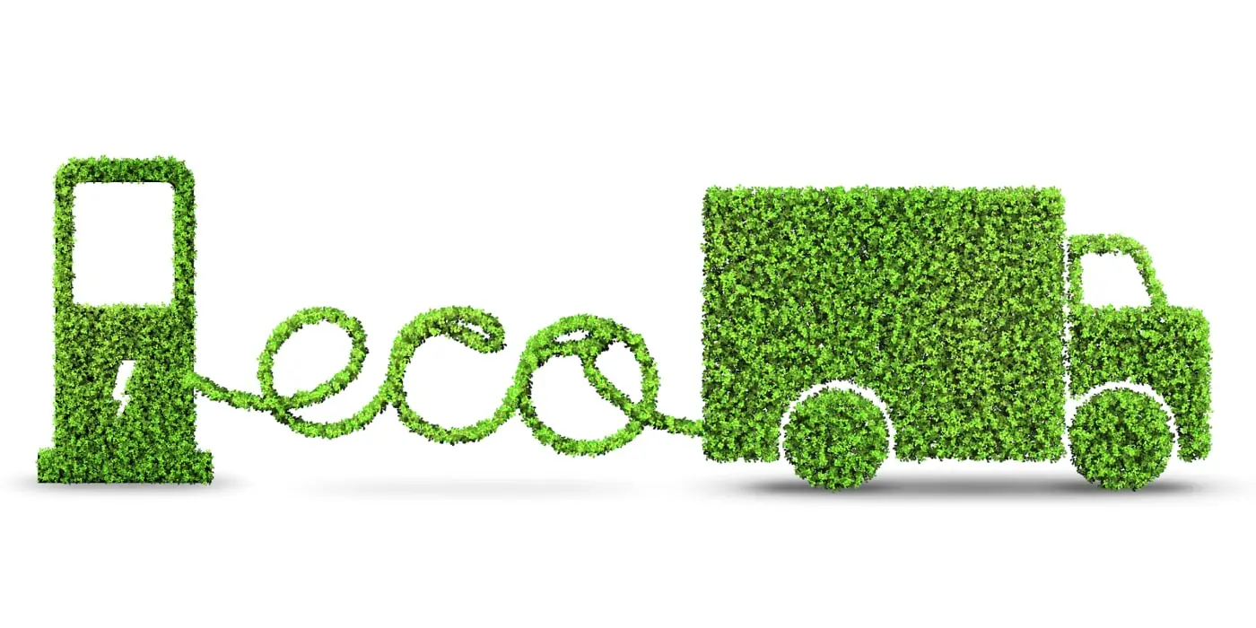 Green leaf conceptual art of a delivery vehicle connected to a charging station, symbolizing eco-friendly logistics